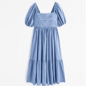 Abercrombie & Fitch Emerson Puff Sleeve Midi Dress Tiered Blue Square Neck
